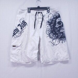 Miami Ink Grunge Skull Swim Trunks White Graphic Steampunk Y2k Men's Mesh Liner